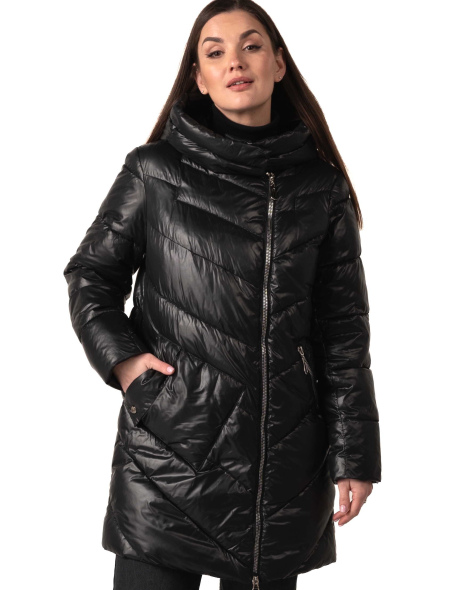 Женский черный биопуховик с накладным карманом