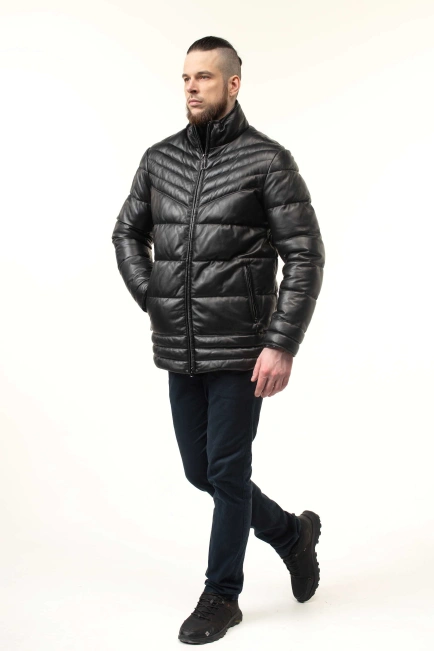 Чоловічий шкіряний біопуховик чорний-5