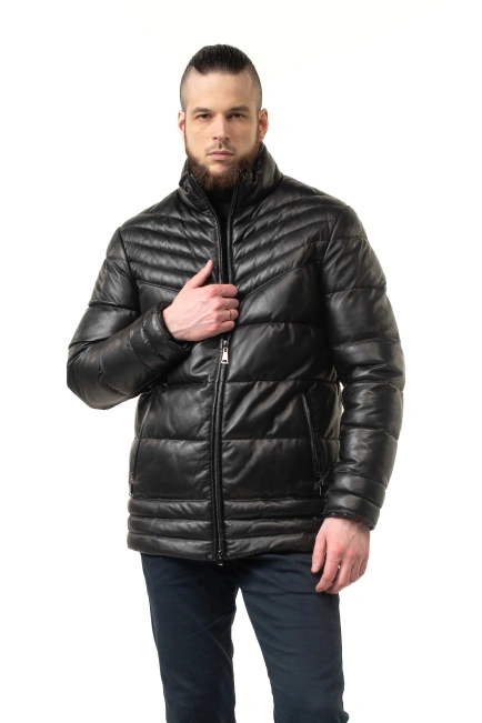Чоловічий шкіряний біопуховик чорний-10