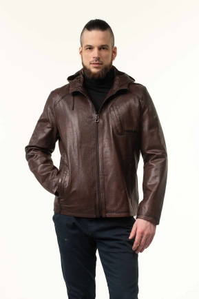 Шкіряна коричнева куртка з капюшоном чоловіча
