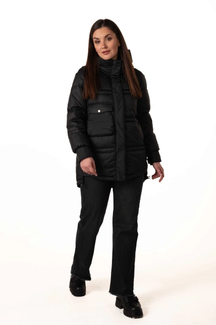 Черный биопуховик с капюшоном и кулисками-9