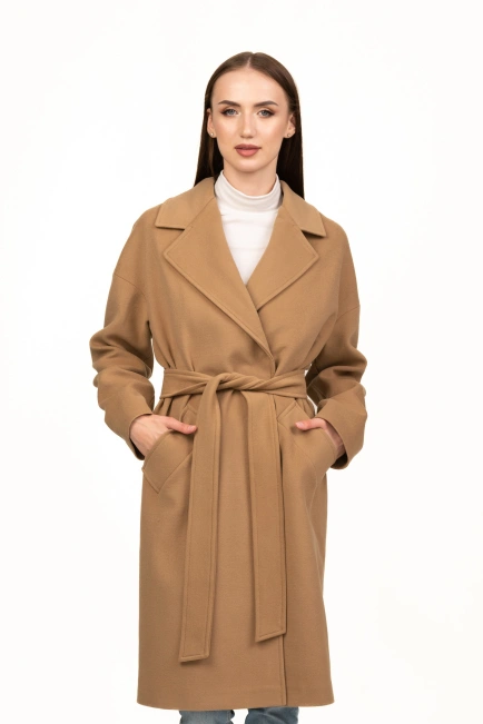 Пальто жіноче на запах у кольорі кемел-1