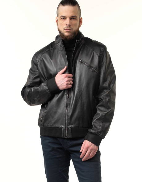 Мужская кожаная куртка-бомбер с карманами