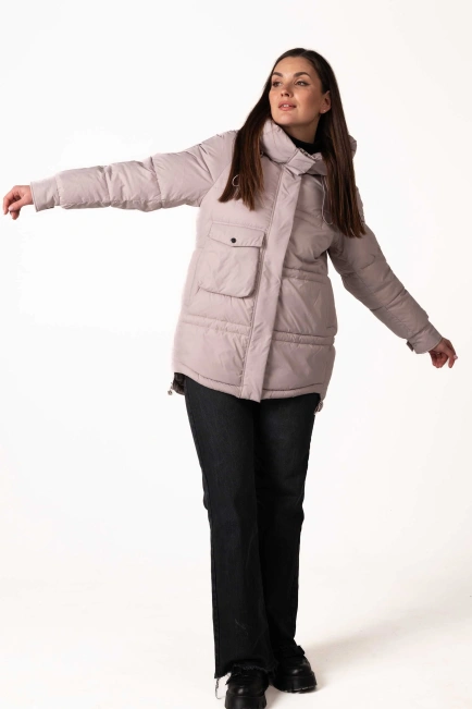 Пудровый биопуховик с капюшоном и кулисками-9
