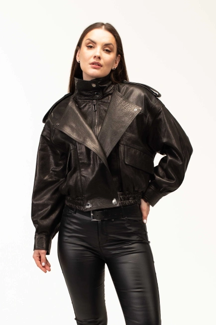 Шкіряна куртка-бомбер з подвійним коміром-4