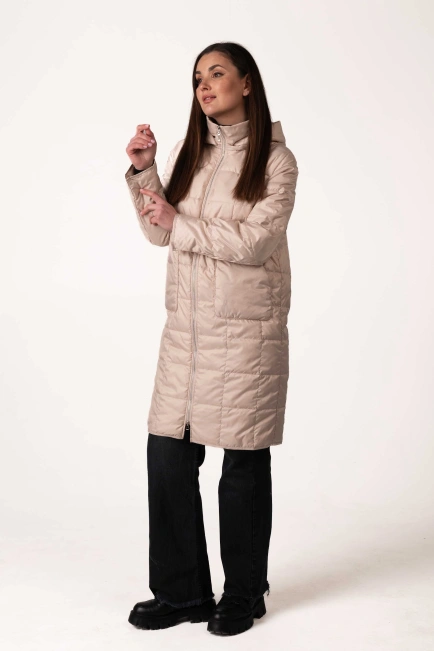Жіноча демісезонна куртка з капюшоном беж стьобана-5