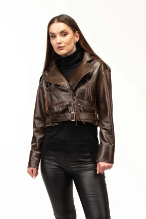 Шкіряна куртка коричнева з капюшоном