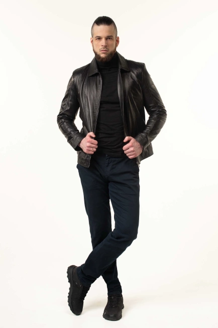 Шкіряна куртка чоловіча коричнева з комірцем-9