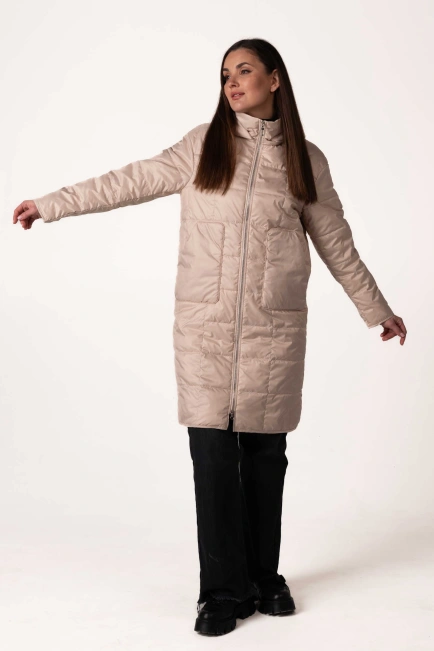 Жіноча демісезонна куртка з капюшоном беж стьобана-3