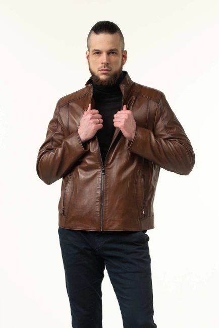 Шкіряна куртка чоловіча у коричневому відтінку-4