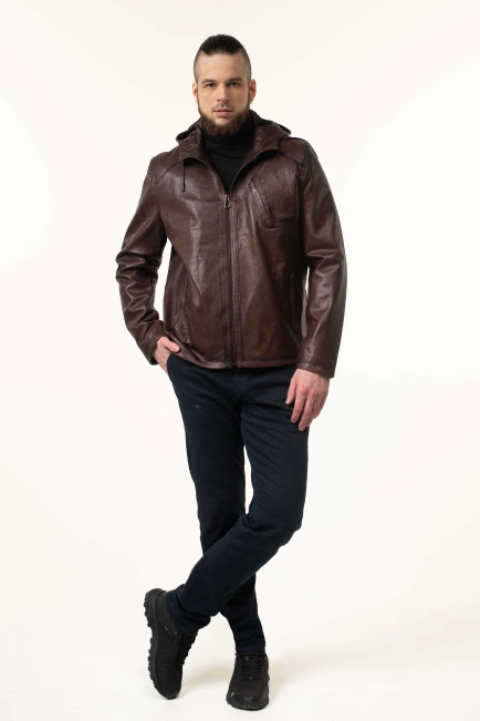 Шкіряна коричнева куртка з капюшоном чоловіча-6