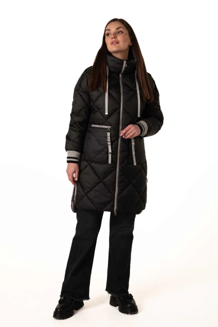 Женский зимний биопуховик черный с серым-6