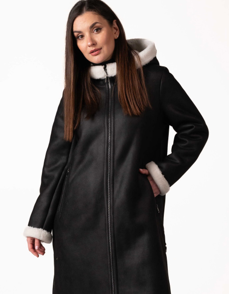 Женская чёрная экодублёнка с белым эко-мехом