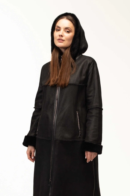 Жіноча чорна дублянка з капюшоном довга-4