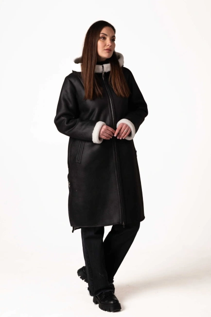 Женская чёрная экодублёнка с белым эко-мехом-7