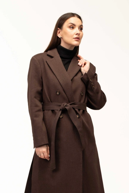 Жіноче пальто коричневого кольору з поясом-4