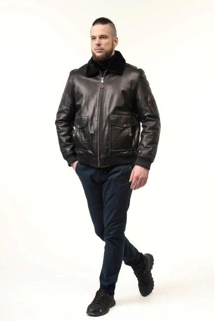 Шкіряна дублянка-бомбер з хутряним коміром-5