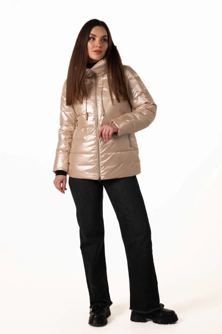 Бежевый биопуховик с капюшоном для зимы-3