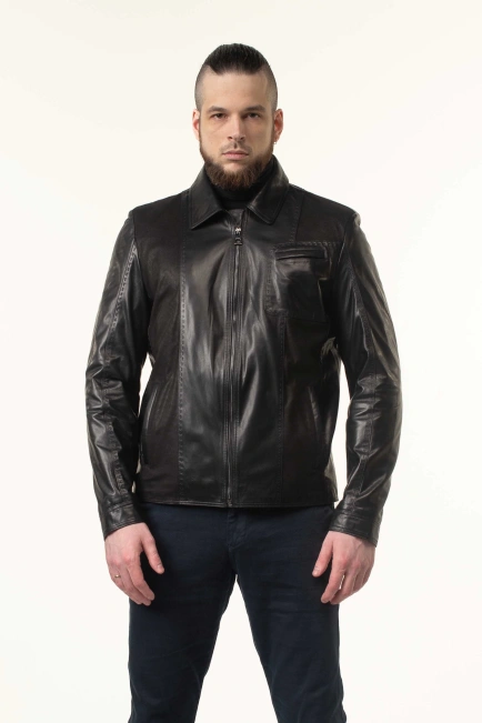 Шкіряна куртка чорна з нагрудною кишенею-1