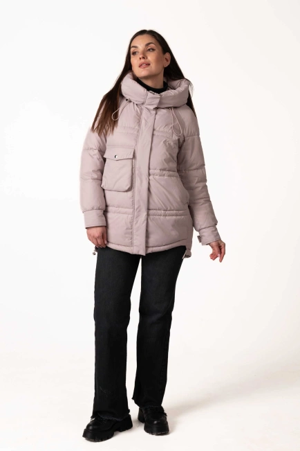 Пудровый биопуховик с капюшоном и кулисками-3