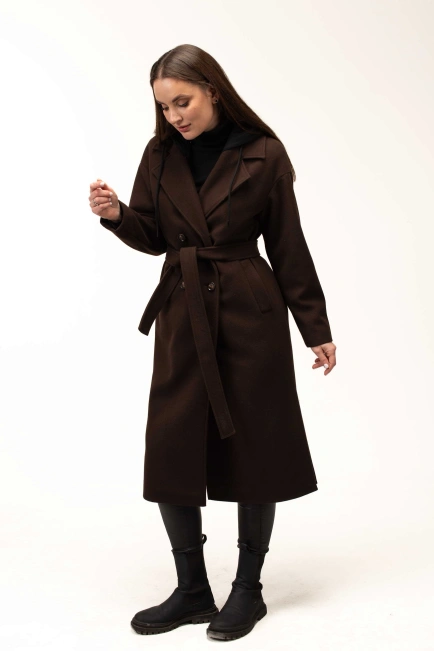 Жіноче пальто коричневе з чорним капюшоном-5