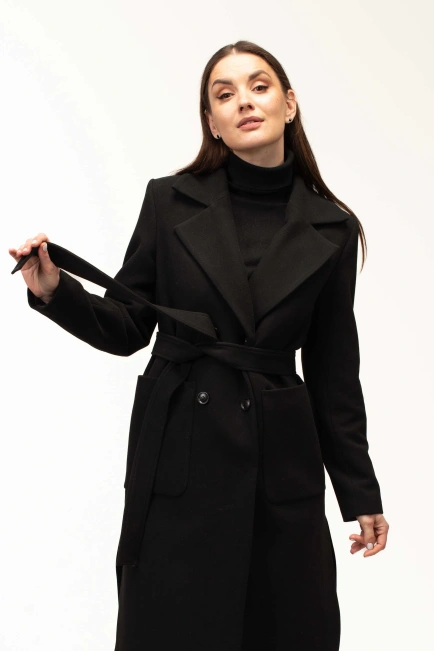 Жіноче пальто чорне під пояс довге-1