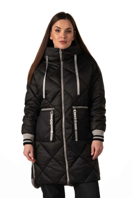 Женский зимний биопуховик черный с серым-1