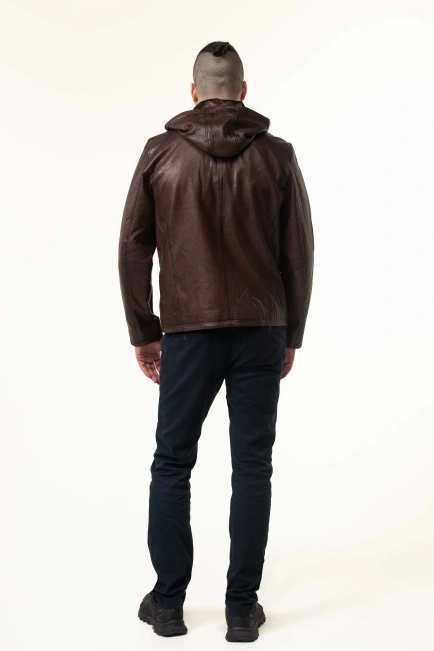 Шкіряна коричнева куртка з капюшоном чоловіча-2