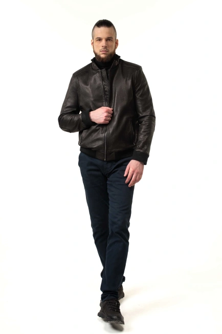 Чоловіча шкіряна куртка-бомбер чорна-9