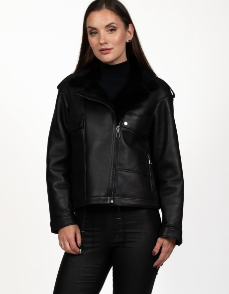 Жіноча натуральна дублянка чорна з хутром