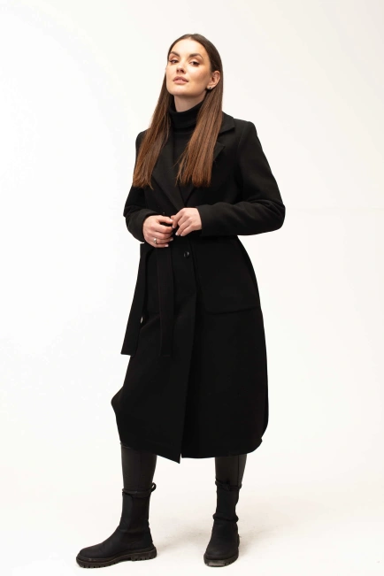 Жіноче пальто чорне під пояс довге-9