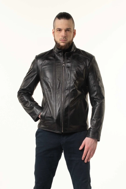 Чорна шкіряна куртка чоловіча з прострочками-1