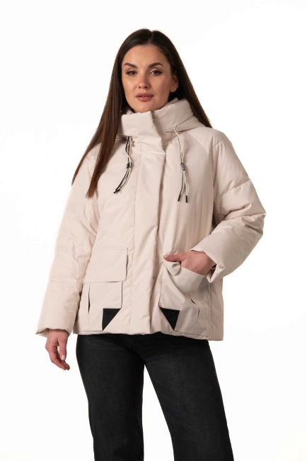 Молочный биопуховик с капюшоном и карманами-4