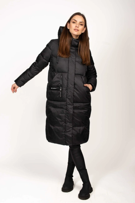 Біопуховик чорний з декором на кишені-8