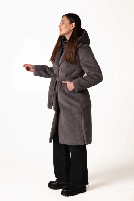 Шуба из экомеха тёмно-серого цвета с воротником-5