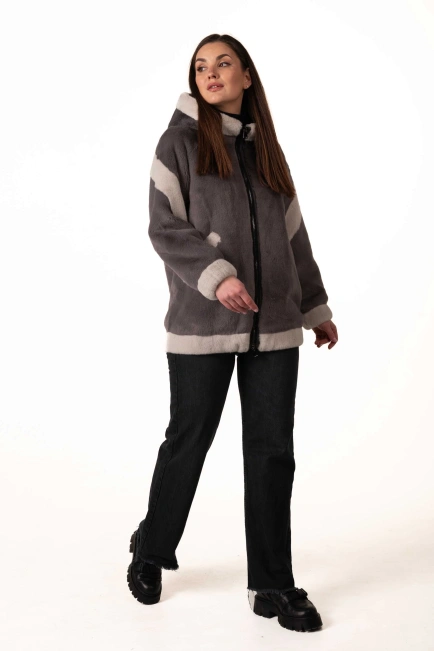 Шуба из экомеха серая со светлыми вставками-10