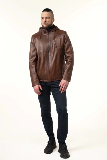 Шкіряна куртка чоловіча з кишенею на грудях-9
