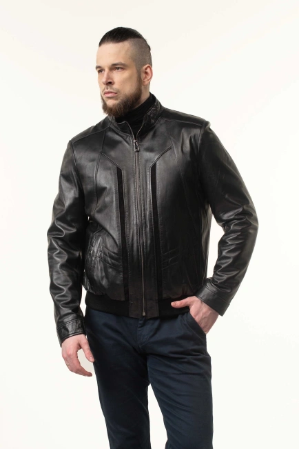 Шкіряна куртка-бомбер чоловіча з гладкої шкіри-9
