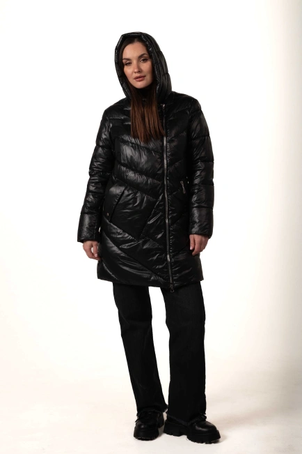 Женский черный биопуховик с накладным карманом-7