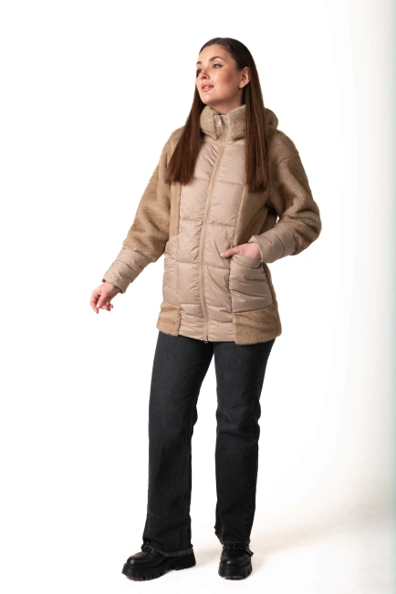 Биопуховик с экомехом бежевого цвета зима-9