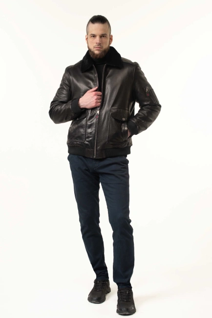 Шкіряна дублянка-бомбер з хутряним коміром-10