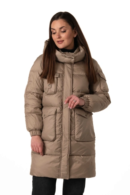 Бежевый биопуховик с декором на рукаве-1