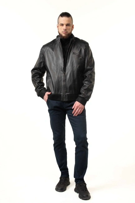 Чоловіча шкіряна куртка-бомбер з кишенями-7