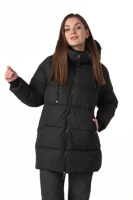Женский чёрный биопуховик со съёмным капюшоном-1