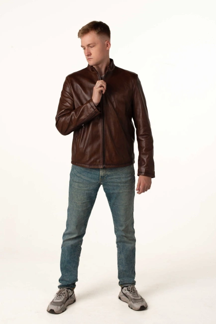 Чоловіча шкіряна куртка пряма коричнева-2