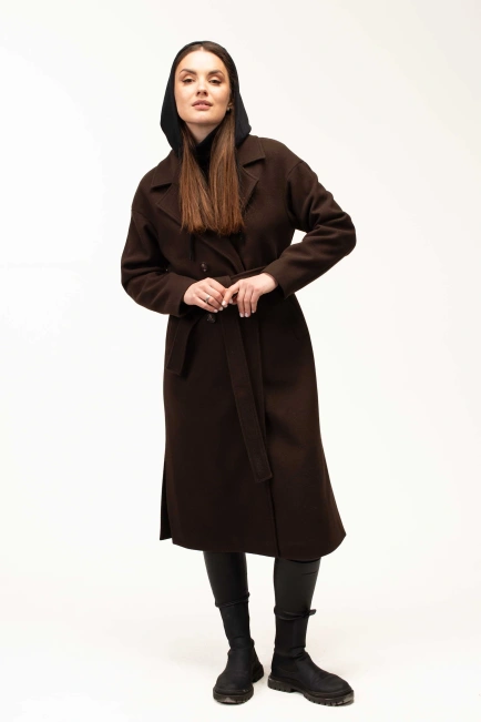 Жіноче пальто коричневе з чорним капюшоном-8
