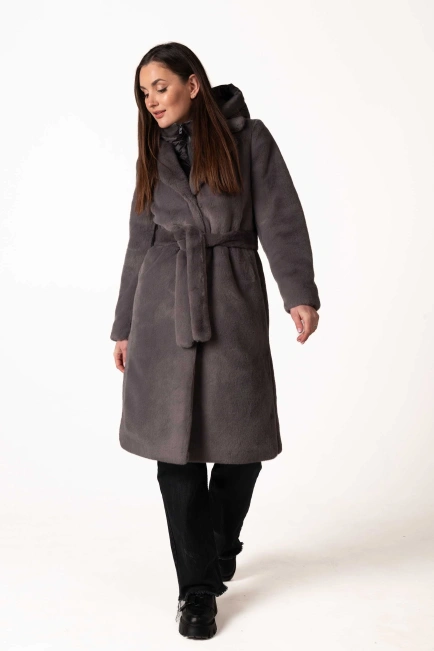 Шуба из экомеха тёмно-серого цвета с воротником-6