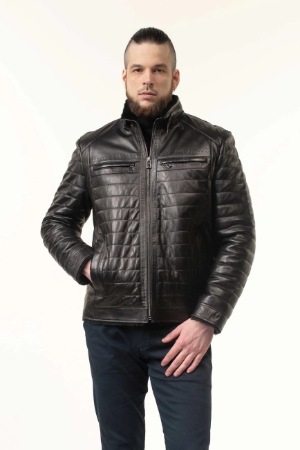 Чоловіча шкіряна дублянка з прострочкою-4