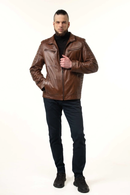 Шкіряна куртка коричнева з темними швами-10