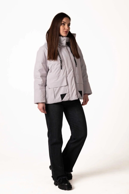 Женский светло-серый биопуховик с капюшоном-7